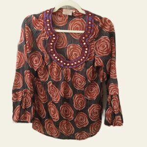 Rungolee Orange Circle Print Long Bell Sleeve Embroidered Silk Blouse Size XS
